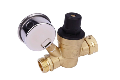 Front view of brass RV water pressure regulator with gauge, 3/4 in fittings and black adjustment knob.