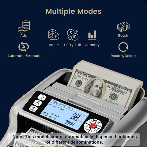 K08 Money Counter Machine With 3.8 Inch Value Display For USD And EUR, showing multiple modes and display with bills counting