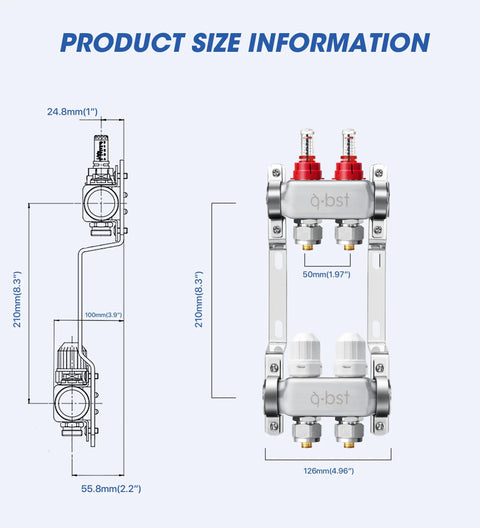 Size diagram of Two Loop Stainless Steel PEX Manifold Kit For Floor Radiant Heating With 1 Inch NPT Supply And Return Shut Off Valves