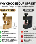 Ultimate Spr Tool Combo Kit With Magnetic Grooved Bolt For Self Piercing Rivet Extraction And Insertion Perfect For Auto Repair Pros Who Need Fast Accurate Rivet Swap On Any Car Or Truck Project Today. Comparison graphic of gold magnetic SPR tool with grade 8 bolt and 1/2 inch solid frame