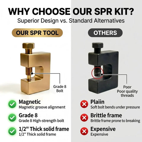 Ultimate Spr Tool Combo Kit With Magnetic Grooved Bolt For Self Piercing Rivet Extraction And Insertion Perfect For Auto Repair Pros Who Need Fast Accurate Rivet Swap On Any Car Or Truck Project Today. Comparison graphic of gold magnetic SPR tool with grade 8 bolt and 1/2 inch solid frame