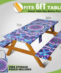Fitted Picnic Table Cover Set With Bench Covers Vinyl Waterproof Elastic Edges 3 Piece Set Fits Standard 6 Ft Tables 72x30 And Benches 72x12 Includes Portable Storage Bag Perfect For Outdoor Patio Camping RV Road Trips, shown on a wooden table with colorful floral design.
