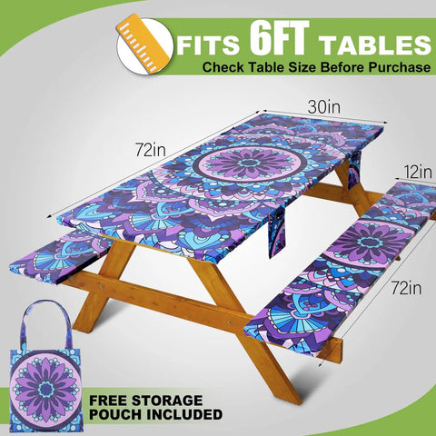 Fitted Picnic Table Cover Set With Bench Covers Vinyl Waterproof Elastic Edges 3 Piece Set Fits Standard 6 Ft Tables 72x30 And Benches 72x12 Includes Portable Storage Bag Perfect For Outdoor Patio Camping RV Road Trips, shown on a wooden table with colorful floral design.