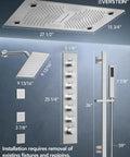 Game Changing Bathroom Shower System With 28 Inch Led Waterfall Head 64 Color Mood Lighting Bluetooth Speaker Dual Massage Sprays Brushed Nickel Ceiling Mount Setup For Sick Relaxing Vibes At Home showing dimensions and installation details.