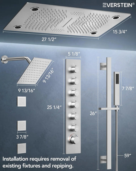 Game Changing Bathroom Shower System With 28 Inch Led Waterfall Head 64 Color Mood Lighting Bluetooth Speaker Dual Massage Sprays Brushed Nickel Ceiling Mount Setup For Sick Relaxing Vibes At Home showing dimensions and installation details.