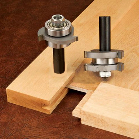Top Tier 2Pc Tongue And Groove Router Bit Set For Pro Woodworkers To Craft Smooth Seamless Joints In Hardwood Plywood And Veneer Projects Like A Boss With Easy Setup on wooden surface.