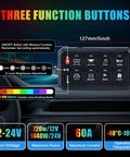 RGB 8 Gang Switch Panel displaying three function buttons with waterproof housing for vehicles, size specifications shown.