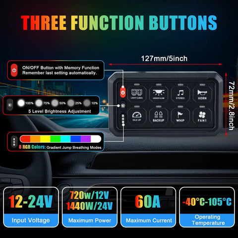 RGB 8 Gang Switch Panel displaying three function buttons with waterproof housing for vehicles, size specifications shown.