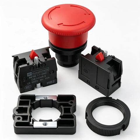 Components of Red Mushroom Emergency Stop Push Button Switch 22mm Panel Mount 1NC 1NO Latching 660V 10A Industrial Grade