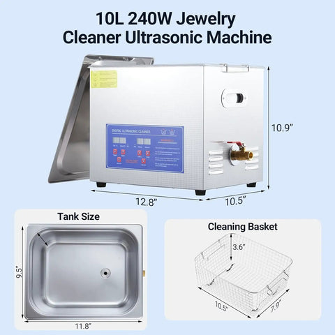 Bad Ass Industrial 10 Liter Heated Ultrasonic Parts Washer 240 Watt 40 KHz Real Deal Cleaner with stainless steel tank and cleaning basket.
