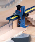 Top Shelf Adjustable Swing Flip Stop With Universal T Track Fence Rails And Dead On Pointer Indicator for precise cutting on a miter saw.