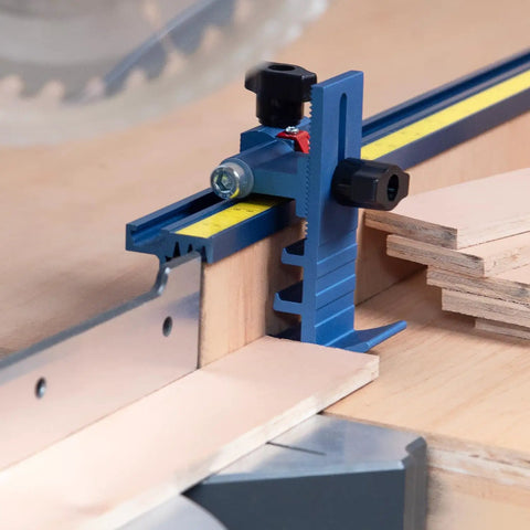 Top Shelf Adjustable Swing Flip Stop With Universal T Track Fence Rails And Dead On Pointer Indicator for precise cutting on a miter saw.