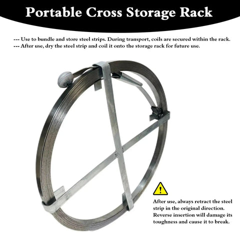Portable Cross Storage Rack for bundling steel strips, featuring a coiling mechanism and secure transport design.