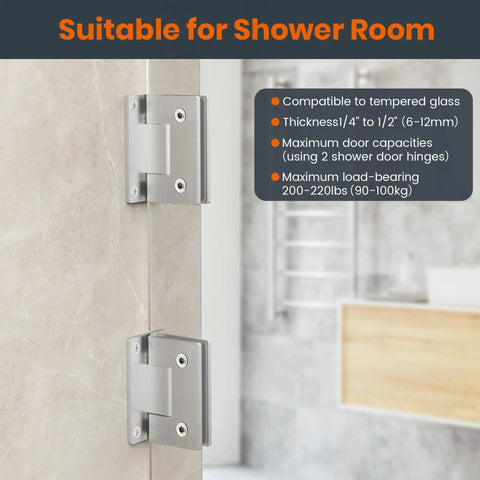 Heavy Duty 90 Degree Frameless Shower Door Hinges For Glass Fits 1/4 To 1/2 Inch Thick Panels Brushed Nickel Wall Or Cabinet Mount Stainless Steel Self Closing Design 2 Pack Replacement Parts on glass shower door