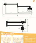 Slick Matte Black Brass Pot Filler Faucet Rock Solid Wall Mount Kitchen Cooktop Tap dimensions with dual swing arms and connection details