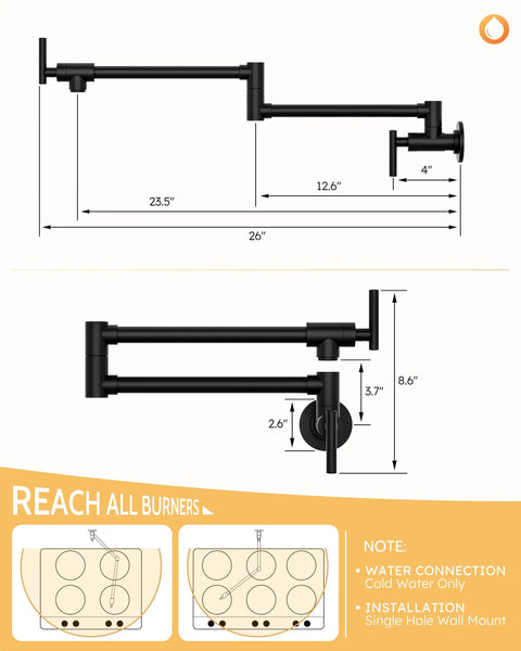 Slick Matte Black Brass Pot Filler Faucet Rock Solid Wall Mount Kitchen Cooktop Tap dimensions with dual swing arms and connection details