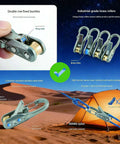 Rope Tightener And Guyline Tensioner 6 Pack For Camping with alloy carabiner clips and brass rollers, shown with tent setup.