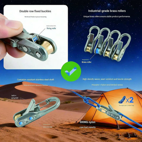 Rope Tightener And Guyline Tensioner 6 Pack For Camping with alloy carabiner clips and brass rollers, shown with tent setup.
