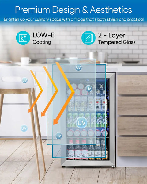 126 Can Beverage Refrigerator With Glass Door 3.2 Cu Ft Mini Fridge showcasing UV coating and two-layer tempered glass in kitchen setting