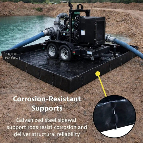 MightyBerm Fuel Spill Containment Berm, 6 Foot By 10 Foot Large With 12 Inch Walls, 448 Gallon Capacity, black, installed outdoors