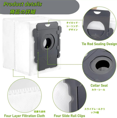 12 Pack Replacement Vacuum Bags For Go To Robotic Vacuum Models Including I1 Plus I2 Plus I3 Plus I4 Plus I5 Plus I6 Plus I7 Plus I8 Plus J5 Plus J6 Plus J8 Plus S9 High Capacity Long Lasting Dirt Disposal Bags shown with tie rod sealing design and four layer filtration cloth.