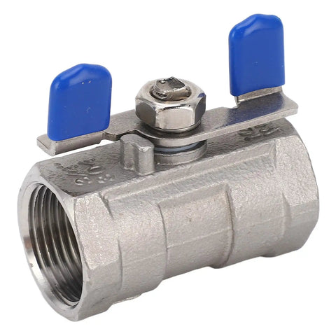 Rock Solid 3/4 Inch Stainless Steel Ball Valve With Female Thread Pipe Fitting For Water And Gas Lines Built Tough Daily Driver 304 Corrosion Resistant Heavy Duty Plumbing Hardware Easy Turn Handle with blue handle.
