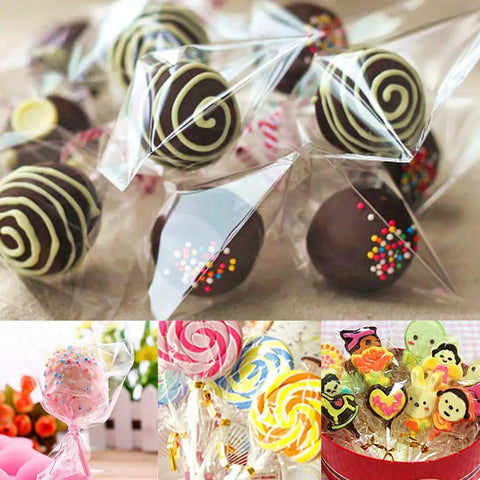 Image of Clear Cake Pop Bags 3x5 Inches, 300 Pcs With Twist Ties, 1.4 Mil OPP Plastic Treat Bags For Lollipops displayed with treats