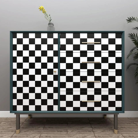 Cabinet with Checkered Peel And Stick Wallpaper Black And White For Kitchen Backsplash And Cabinets Decor No Mess Easy Install