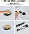 Gold Waterfall Bathroom Faucet With Pop-Up Drain, stainless steel drain assembly shown in sink, parts displayed