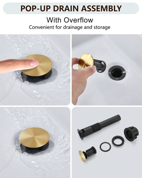 Gold Waterfall Bathroom Faucet With Pop-Up Drain, stainless steel drain assembly shown in sink, parts displayed