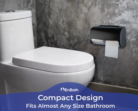 Two Roll Wall Mount Toilet Paper Dispenser With Locking Cover For Home Or Office Use next to toilet in bathroom.