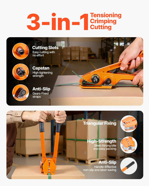 Beefy Heavy Duty Banding Strapping Kit With Manual Sealer, Extended Handle, 1000 Ft PET Band, 300 Metal Seals Five Eighth Inch Wide Strapping, Pallet Packaging Tool For Warehouse Shipping Moving And Home Use Orange tensioning strap in warehouse