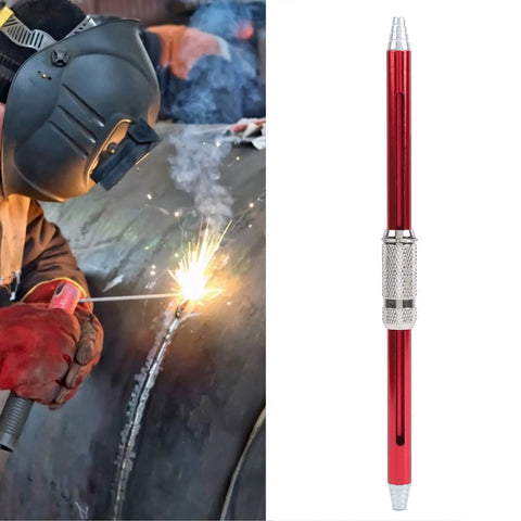 TIG Welding Wire Feed Pen For Pro Welders, Precision Filler Wire Feeding, Stainless Steel Finger Feeder, Red, shown by welder