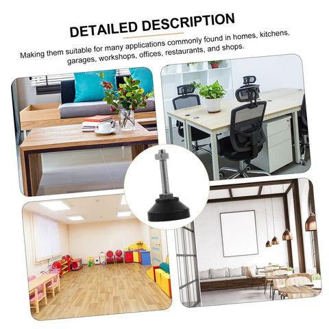 Heavy Duty Adjustable Furniture Levelers Fully Threaded Table Legs For Cabinets And Chairs Built Tough Floor Feet shown in various settings.