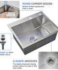 20 Inch Drop In Kitchen Sink With Basket Strainer, 18 Gauge T304 Stainless Steel Handmade Top Mount Single Bowl, Brushed Finish