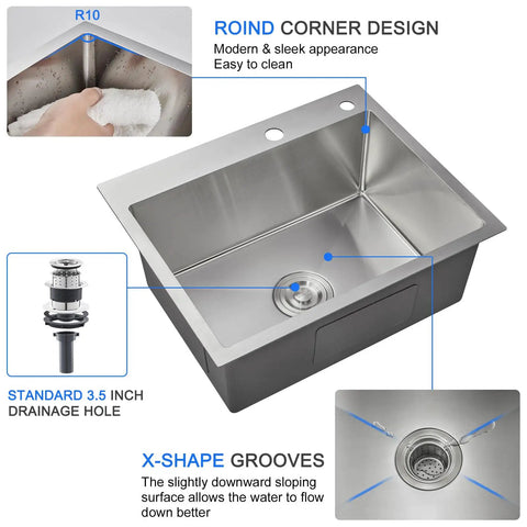 20 Inch Drop In Kitchen Sink With Basket Strainer, 18 Gauge T304 Stainless Steel Handmade Top Mount Single Bowl, Brushed Finish