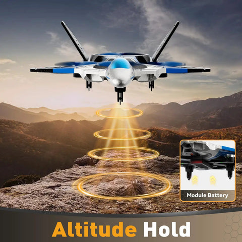 Foam RC Planes With 1080P Camera For Kids And Adults Ages 8 To 16 Easy To Fly One Key Takeoff Lighted Jet hovering outdoors
