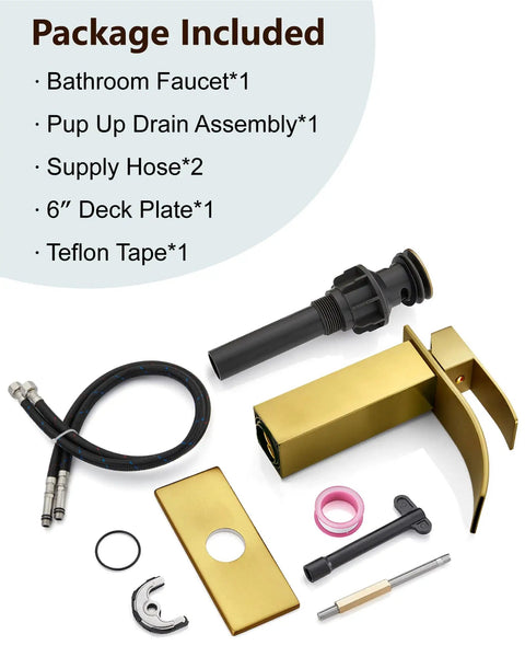 Gold Waterfall Bathroom Faucet With Pop-Up Drain, 304 Stainless Steel Sink Faucet components shown with anti-fingerprint finish.