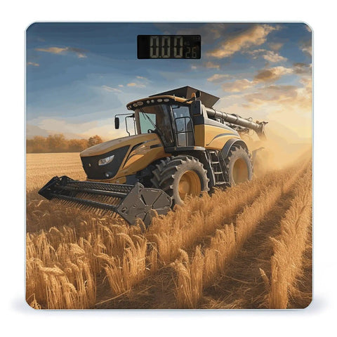Harvest Inspired Digital Bathroom Scale With Tempered Glass Platform featuring tractor farming scene, high precision, easy read display