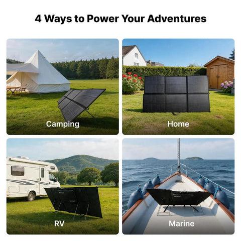 Two Pack Solar Panel Stand Mount With Adjustable Tilt Bracket in use for camping, home, RV, and marine settings