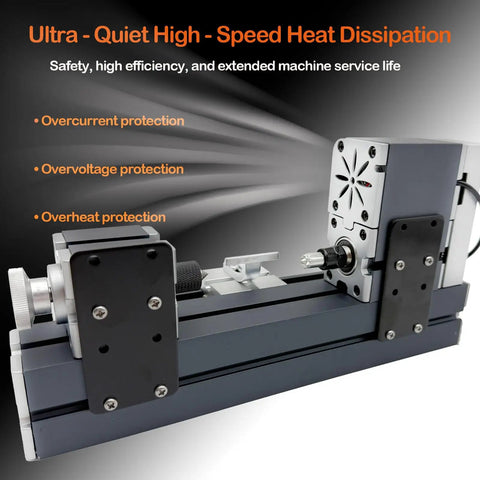 EssSthmy 36W Mini Metal Lathe With 20000 RPM For Fast Woodworking DIY showing high-speed motor and heat dissipation features.