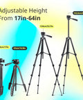 64 Inch Phone And Tablet Tripod Stand with adjustable height from 17 to 64 inches shown in various setups