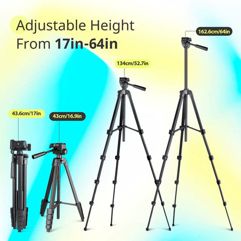 64 Inch Phone And Tablet Tripod Stand with adjustable height from 17 to 64 inches shown in various setups