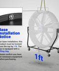 Base installation notice for Built Tough 79 Inch Portable Industrial Fan With Pro Grade PMSM Motor Tiltable Mobile Floor Blower.
