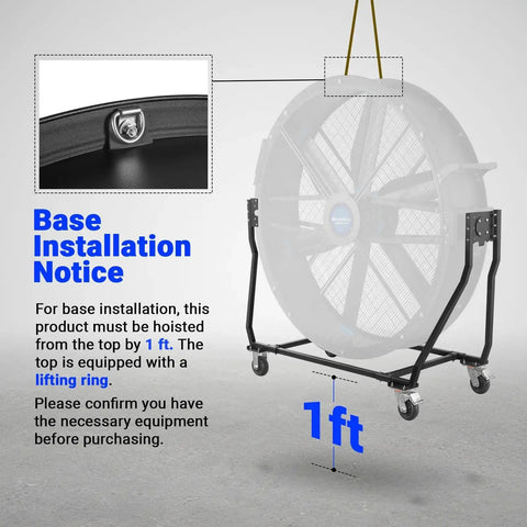 Base installation notice for Built Tough 79 Inch Portable Industrial Fan With Pro Grade PMSM Motor Tiltable Mobile Floor Blower.
