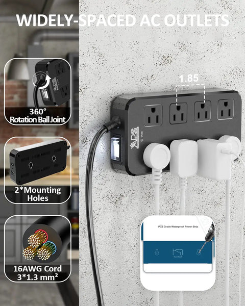 Beastly Outdoor IPX6 Waterproof Power Strip with eight outlets and three USB ports, wall-mounted, highlighting its features