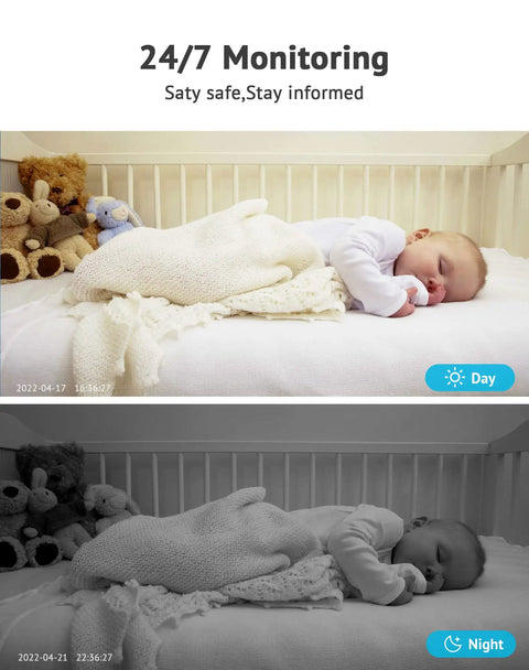2K Indoor Security Camera for Home, Baby, Elder, and Pet Monitoring With Clear Night Vision showing baby sleeping in color and night vision.