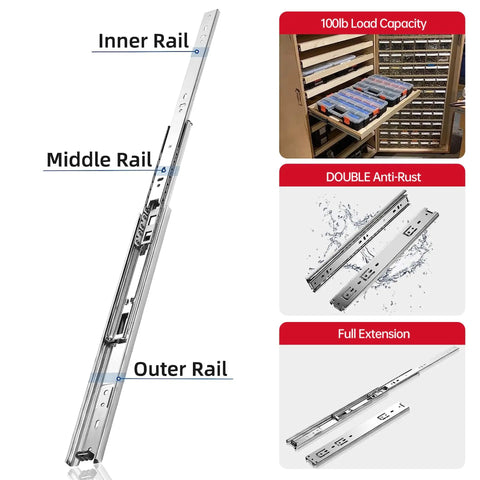 Soft Close Drawer Slides 12 Inch Beefy Heavy Duty 100 Pound Ball Bearing Full Extension Side Mount Cabinet Slides For Kitchen Bathroom And Office 5 Pairs Easy Install Easy Release Clips Quiet Operation, 12-inch steel drawer slide with inner, middle, and outer rails