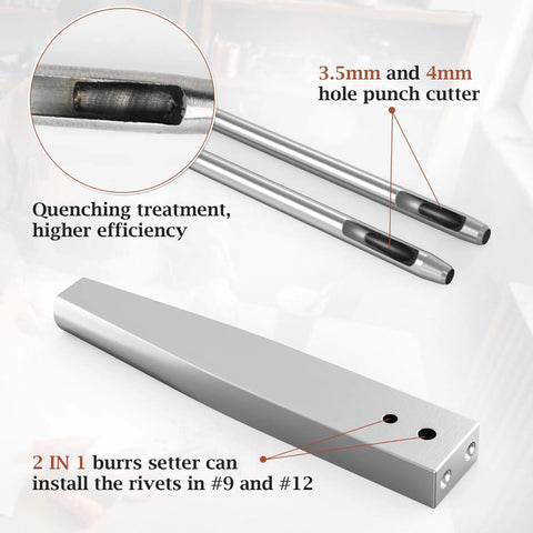 Copper Leather Rivets Kit With Burrs, Setter Tool And Punches showing punch cutter and 2-in-1 burrs setter tool detail