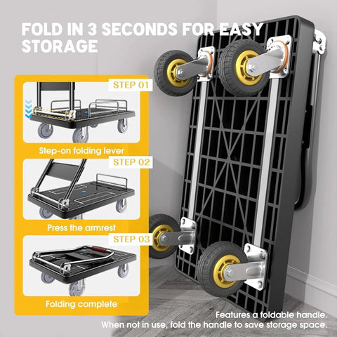 Beefy Heavy Duty Foldable Hand Cart With Wheels For 1300 Lbs Loads Portable Platform Hand Truck With Detachable 3 Sided Guardrails folded flat for storage